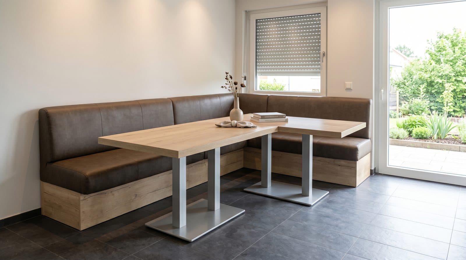 Sitzecke im Büro mit gepolsterter Bank und Tisch nach Maß