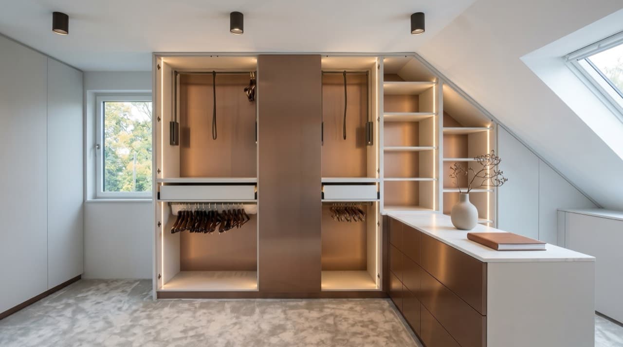 Dachschrägenschrank mit Schiebetür nach Maß in Kupferoptik mit offenen Regalen und Kommode