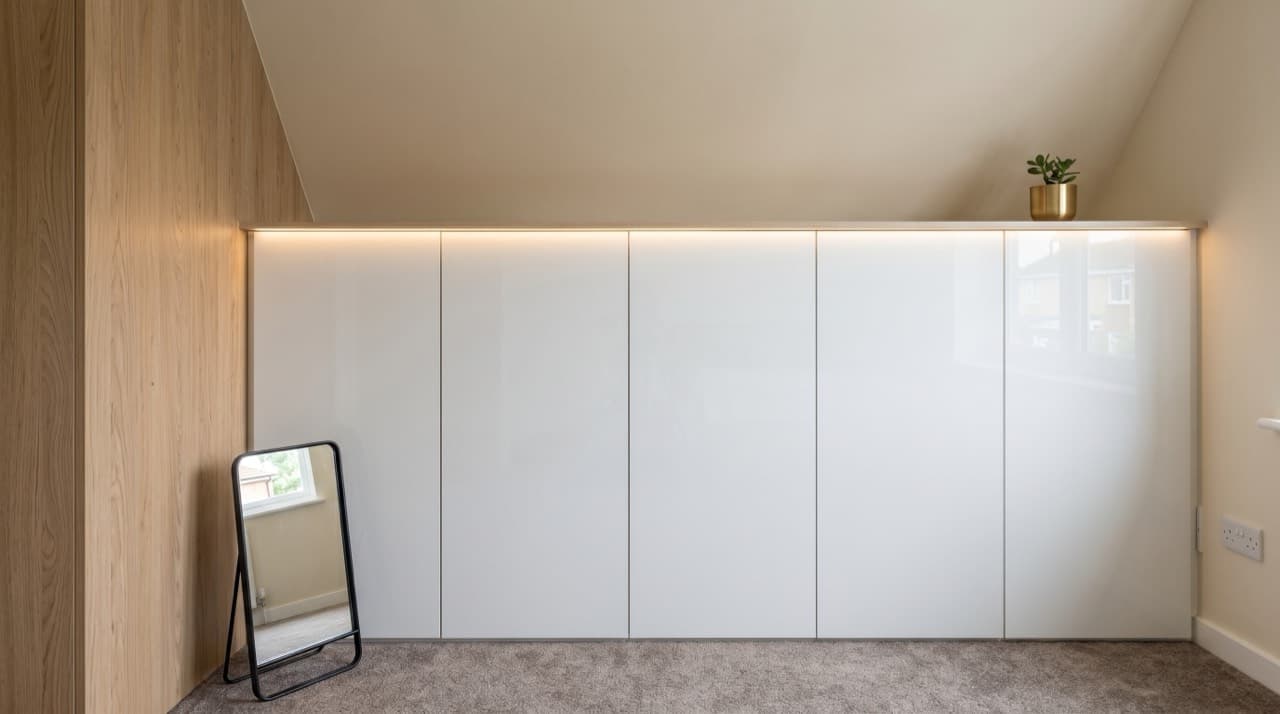 Weißer Einbauschrank unter der Dachschräge nach Maß am Kniestock mit LED-Lichtleiste und Holzwand