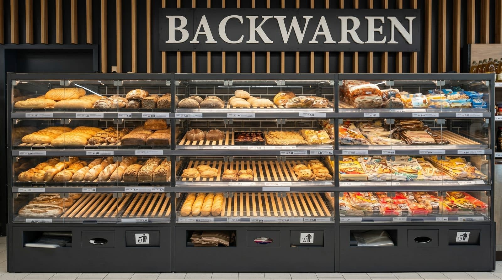 Backwaren-Selbstbedienungsregal nach Maß mit Holzlamellen-Blende und beleuchtetem Schriftzug