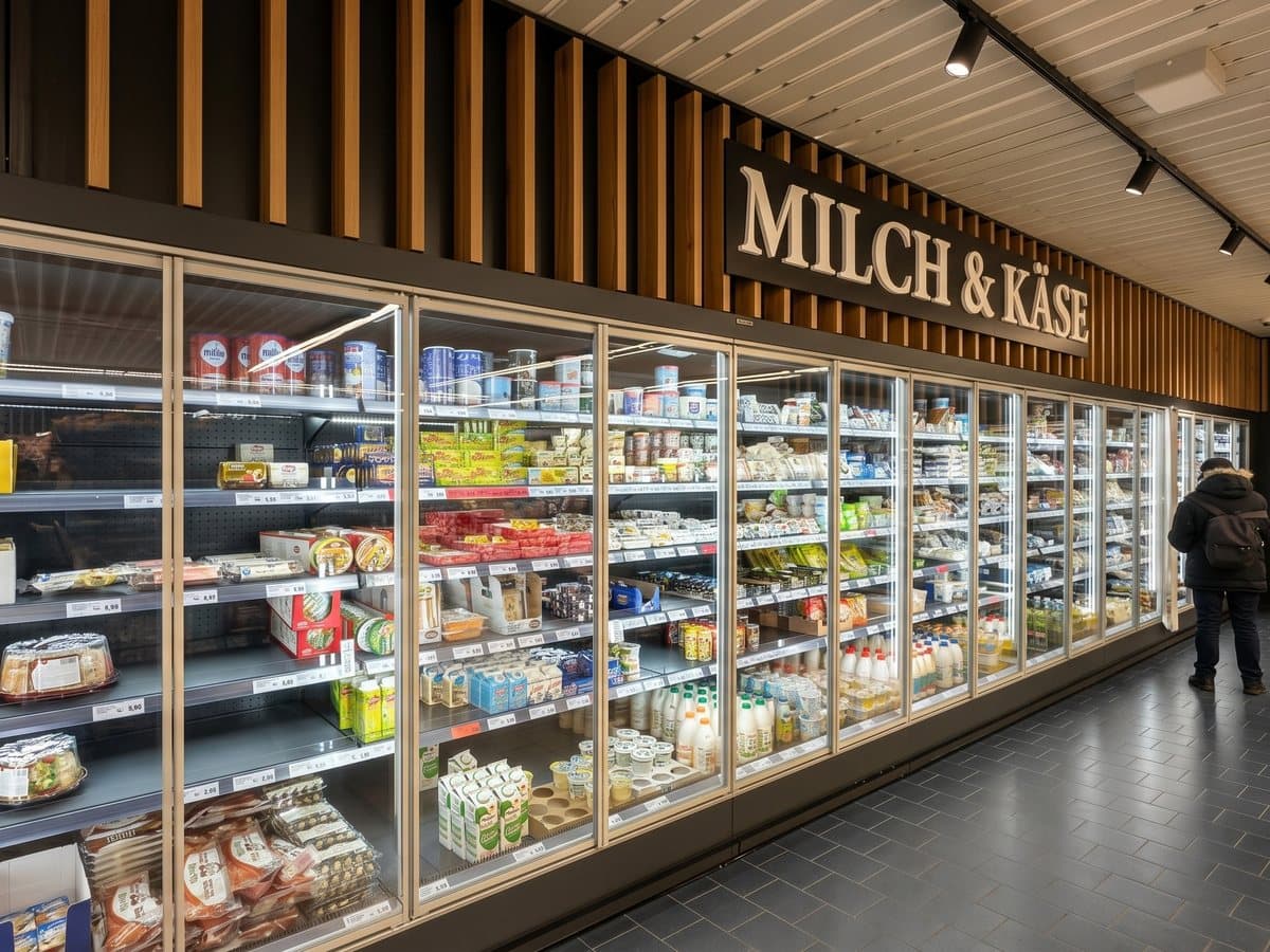 Kühlregal mit maßgefertigter Holzverkleidung und Schriftzug Milch und Käse im Supermarkt