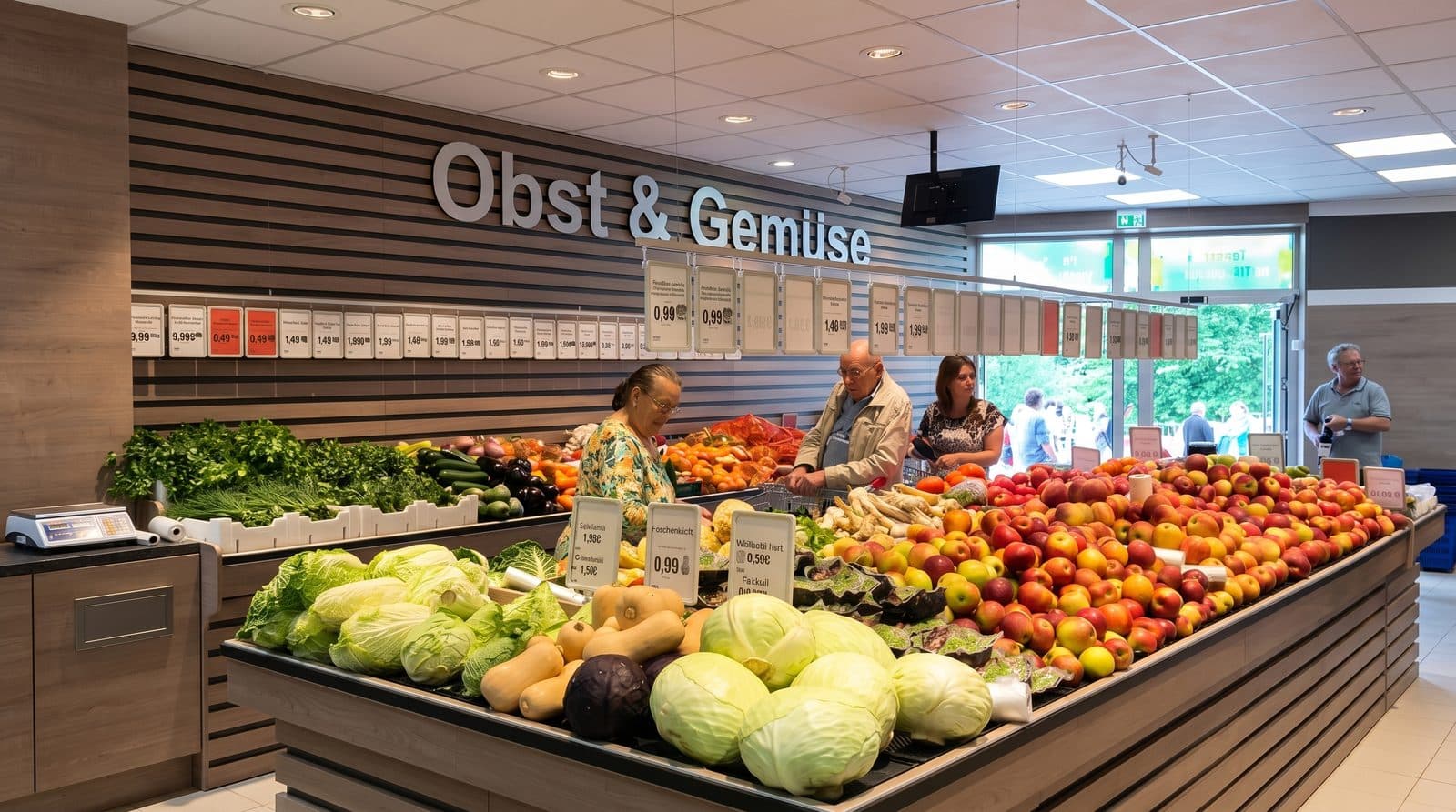 Obst- und Gemüseabteilung nach Maß mit Kunden am Warenträger im Verkaufsraum