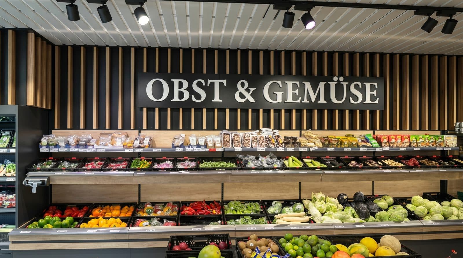 Wandregal der Obst- und Gemüseabteilung nach Maß, mit Holzlamellen-Blende, Schriftzug und Strahlerschiene