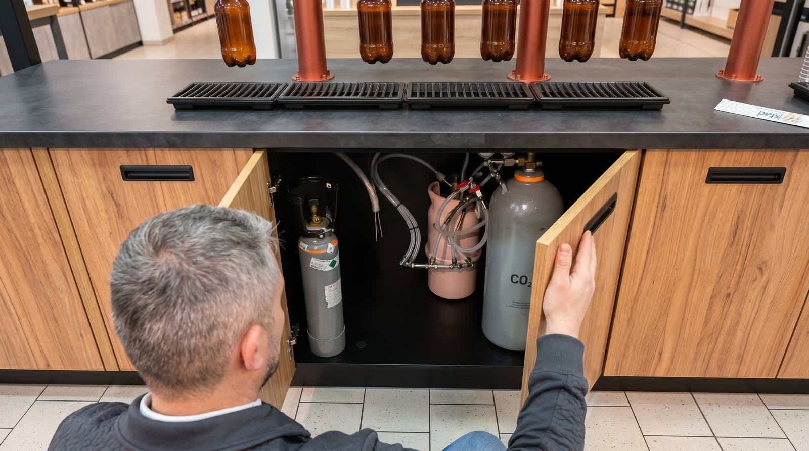 Thekenplatte mit sauber verleimter Kante, darunter die im Möbel verbaute Zapftechnik mit CO2-Flaschen