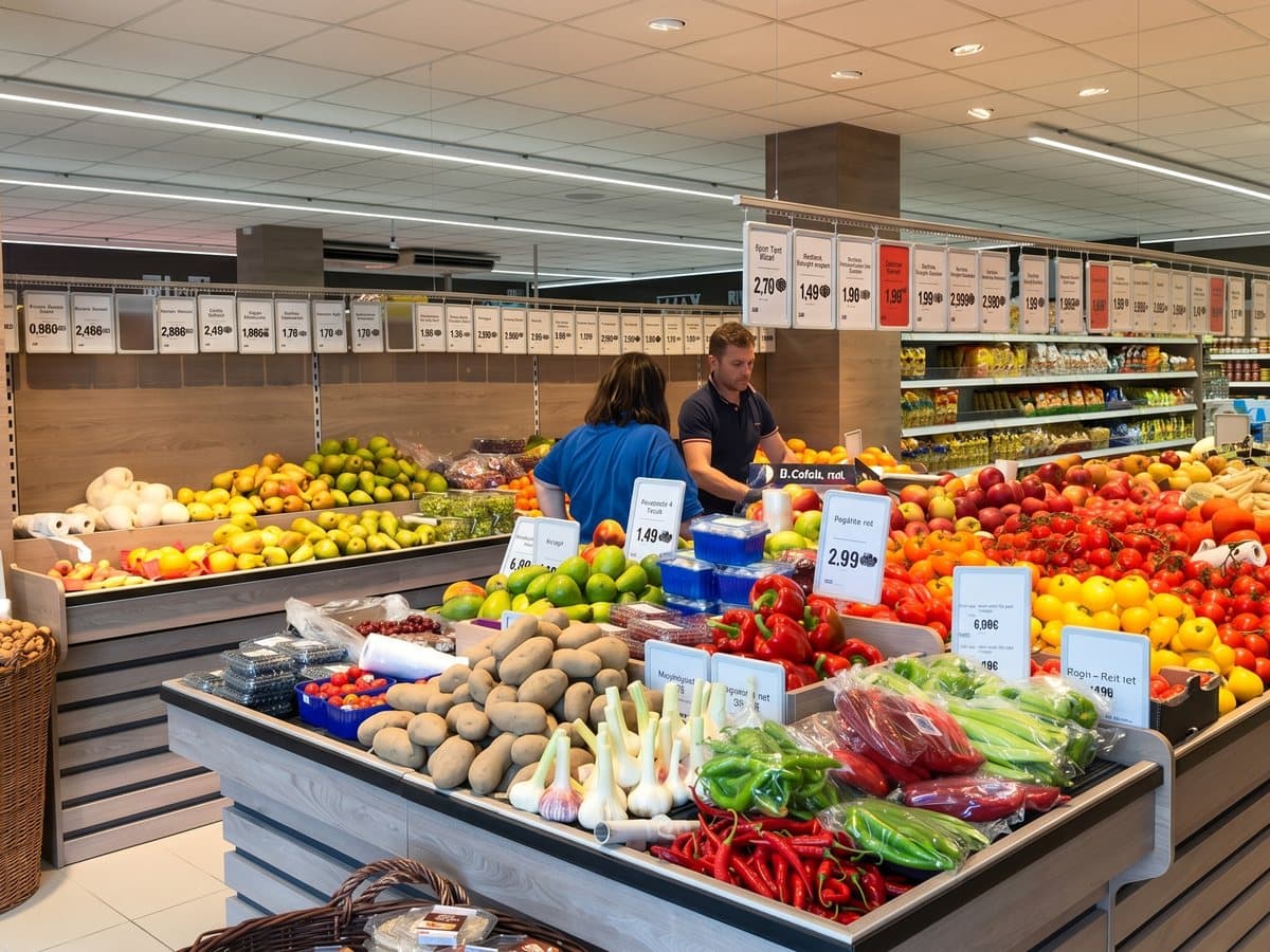 Voll bestückte Obst- und Gemüseinsel nach Maß im Supermarkt