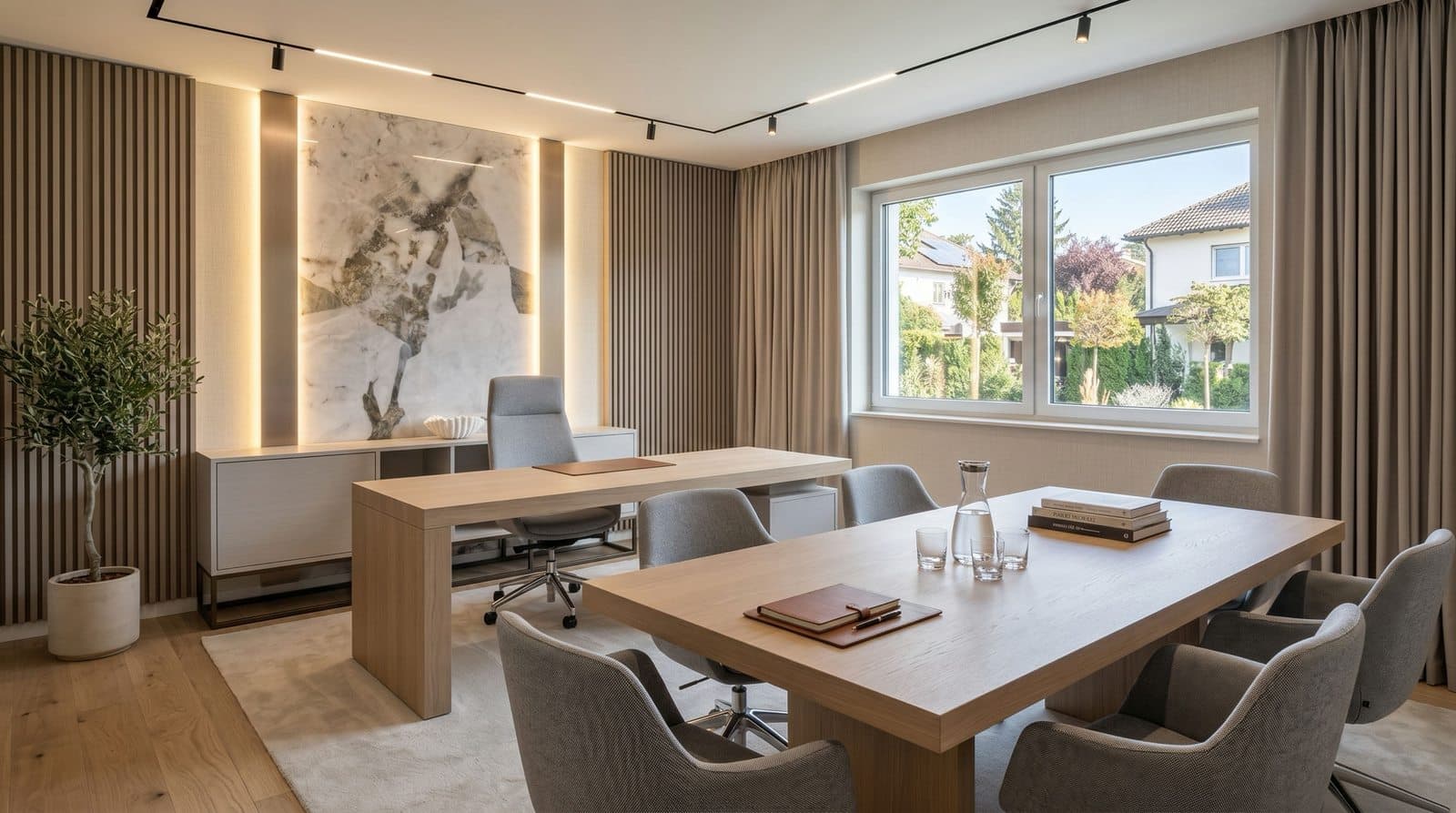 Arbeitszimmer nach Maß mit Schreibtisch, Besprechungstisch und Sideboard