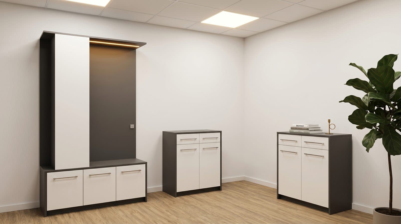 Garderobe nach Maß im Flur mit Hochschrank und zwei passenden Kommoden